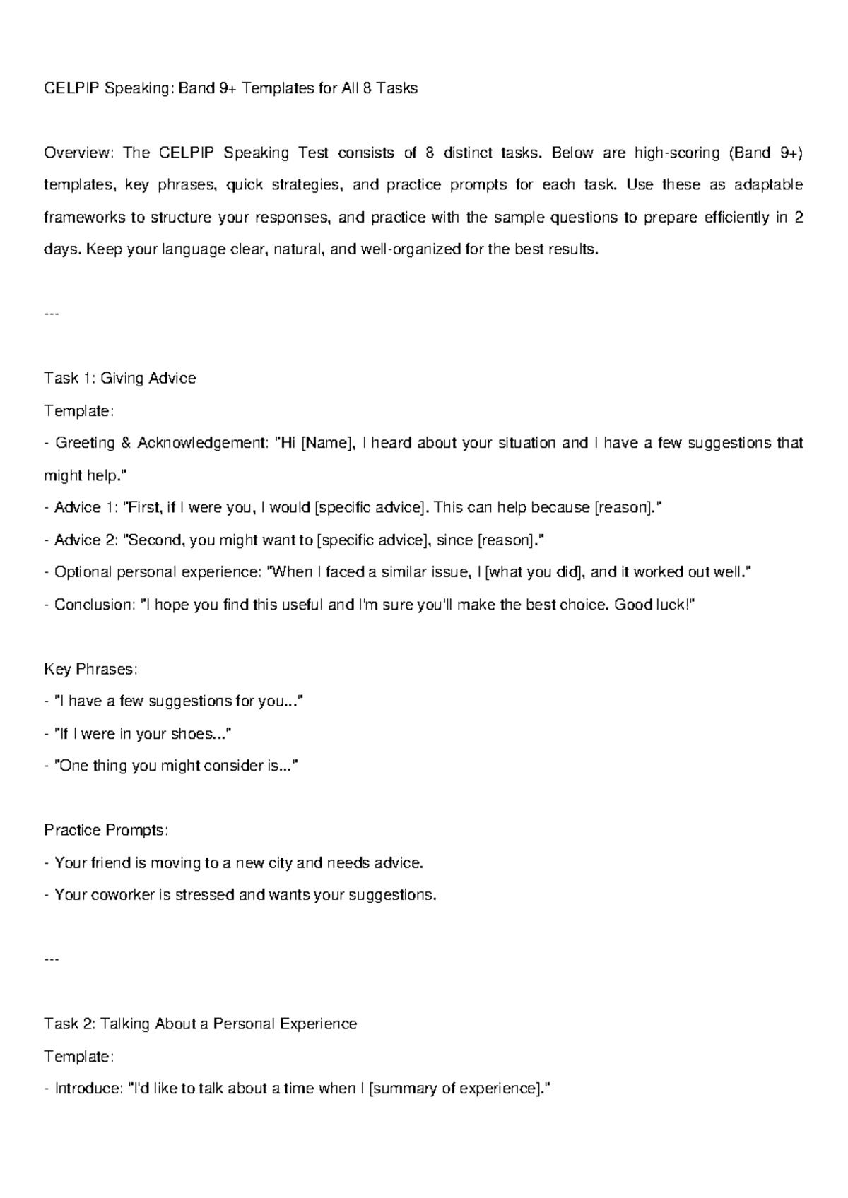 CELPIP Speaking: Band Templates for 8 Tasks - Study Guide - Studocu