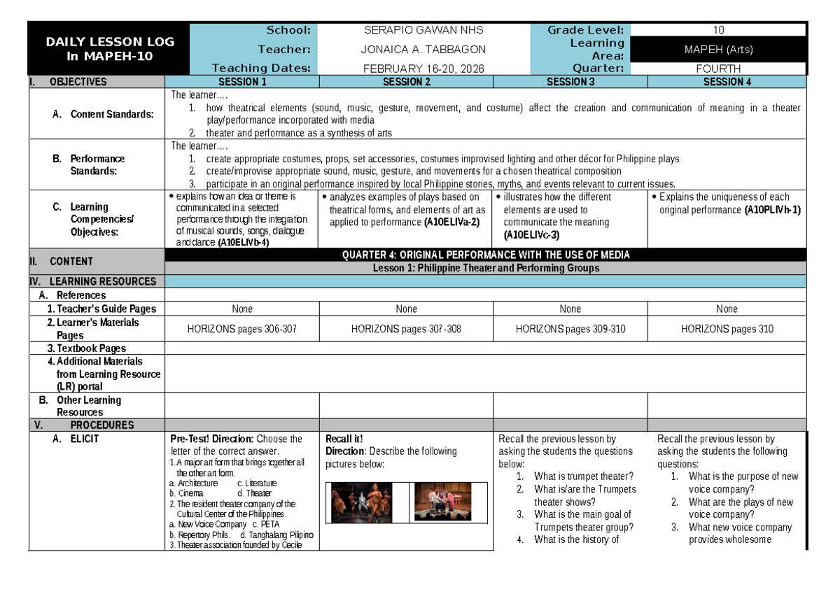 Q4 DLL - MAPEH 10 Arts - Week 1 to 4 Lesson Plans - Studocu