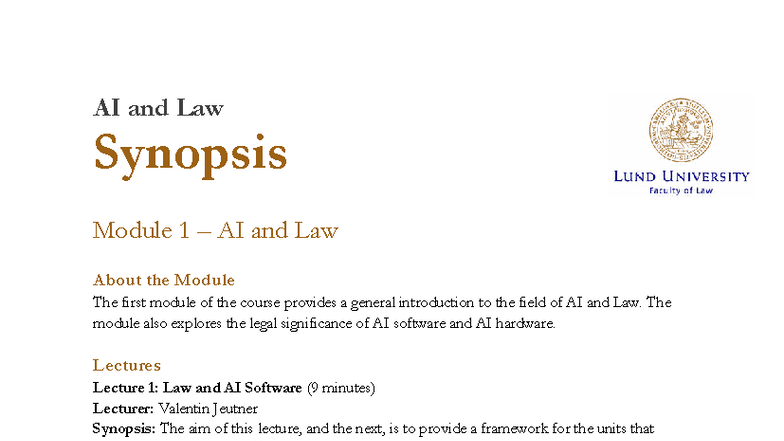 AI and Law Module 1 Synopsis: Introduction to AI in Legal Context - Studocu