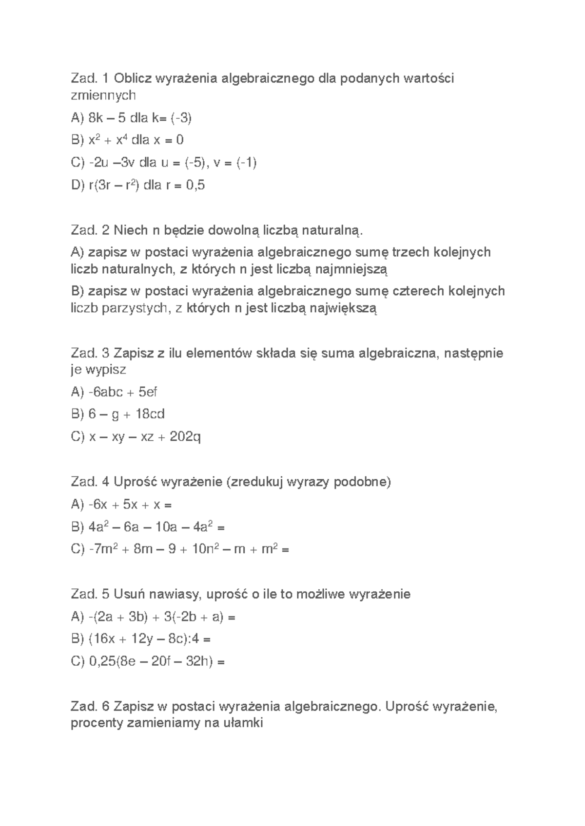 Wyrażenia Algebraiczne 1 Liceum Sprawdzian Gwo www.studocu.com
