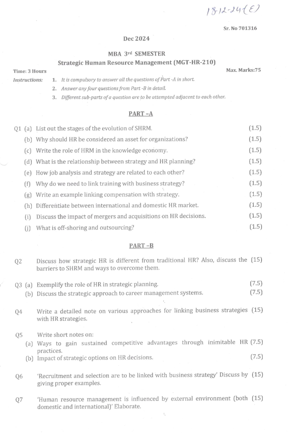 MBA 3rd SEMESTER SHRM - Question Paper Dec 2024 (Max Marks: 75) - Studocu