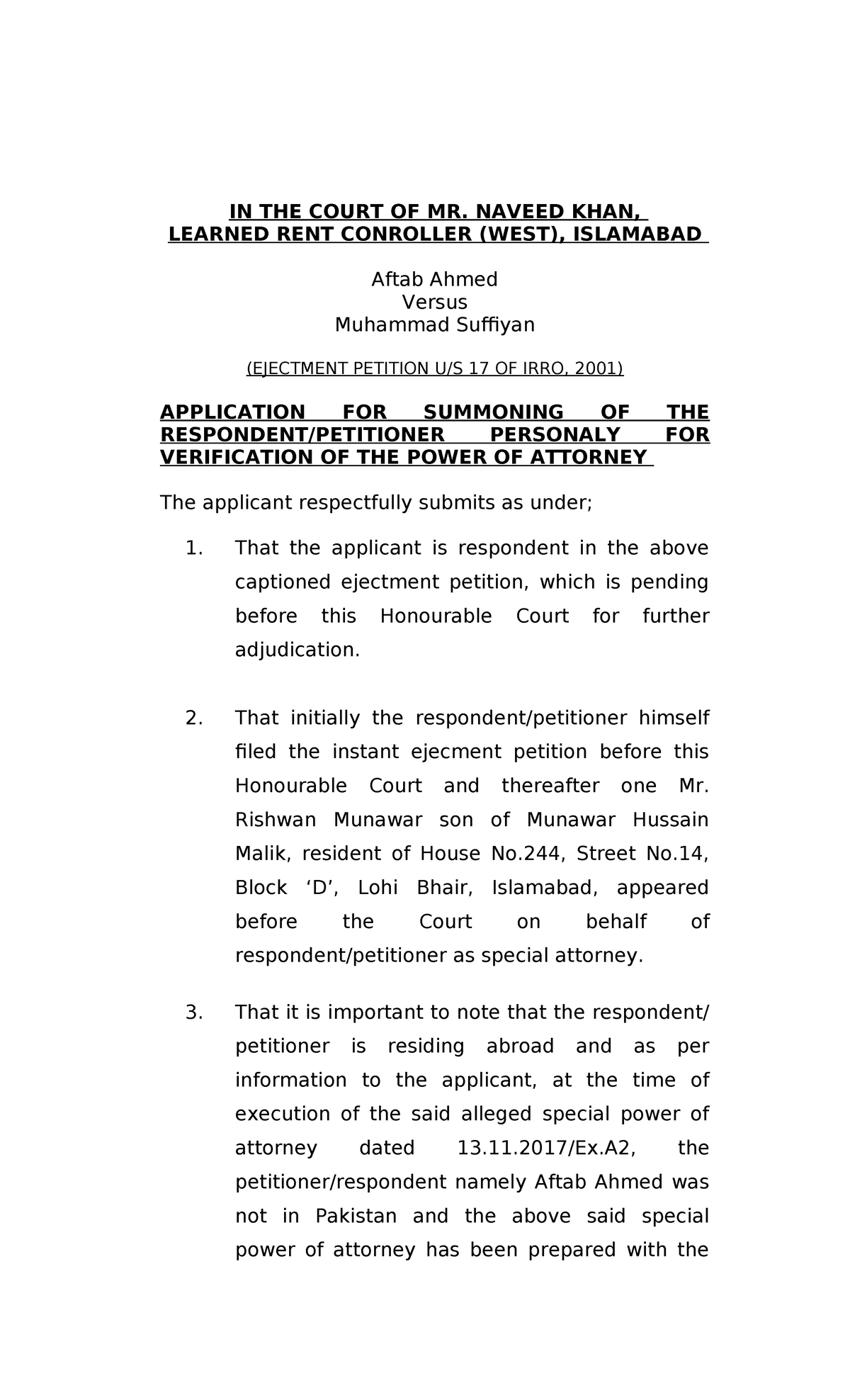 Application for Summoning Respondent for Power of Attorney Verification ...