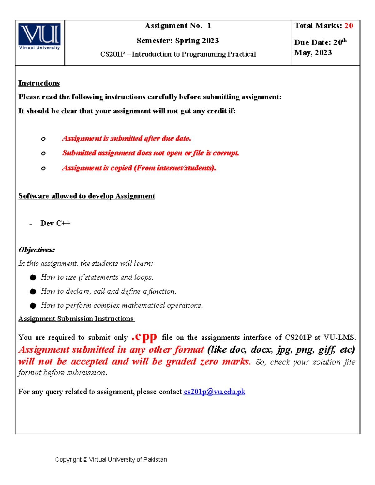 Spring 2023 CS201P 1 - Assignment No. 1 Semester: Spring 2023 CS201P ...