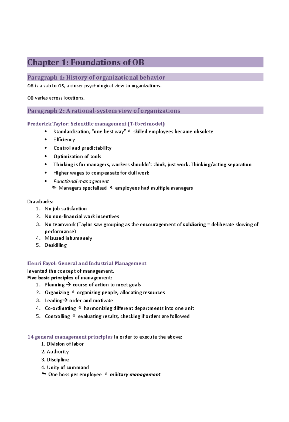 Summary of Organizational Behavior - Chapters 1-9, 12-16 (OB 101 ...