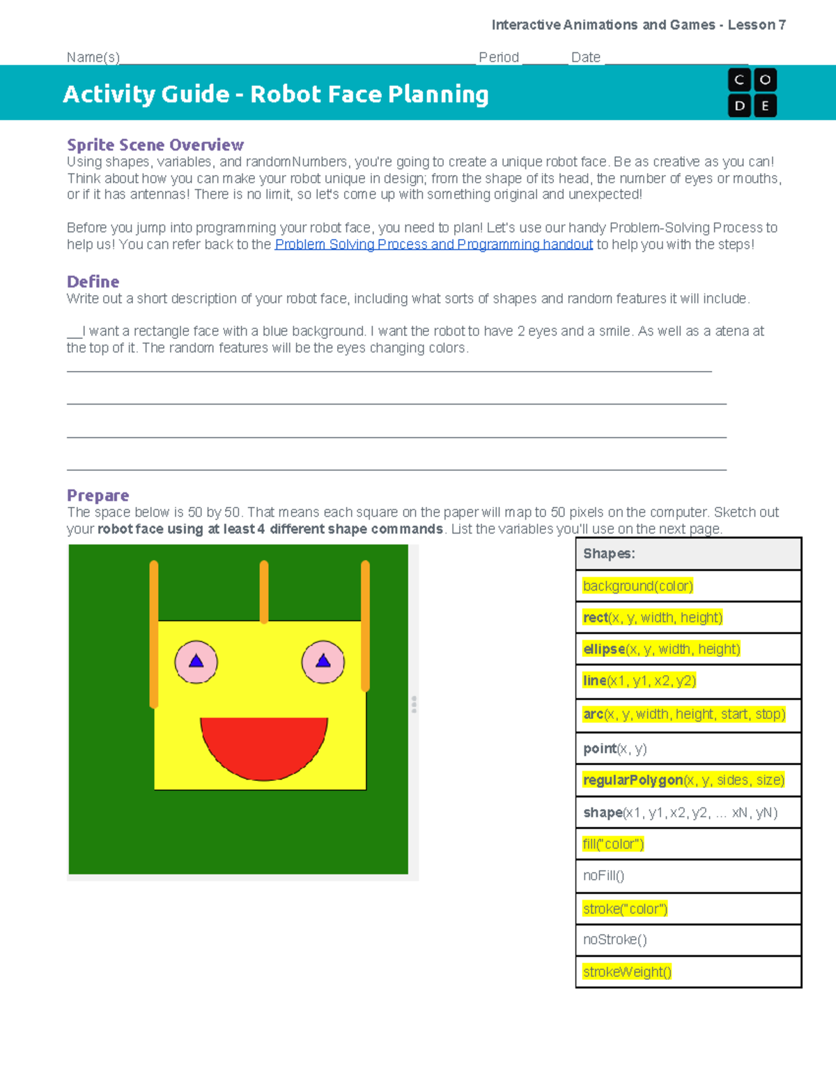 U3L07 - Lesson 7: Activity Guide for Robot Face Planning - Studocu