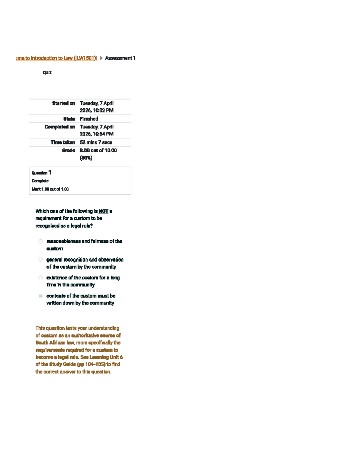 ILW1501 Introduction to Law: Assessment 1 Quiz Summary - Studocu