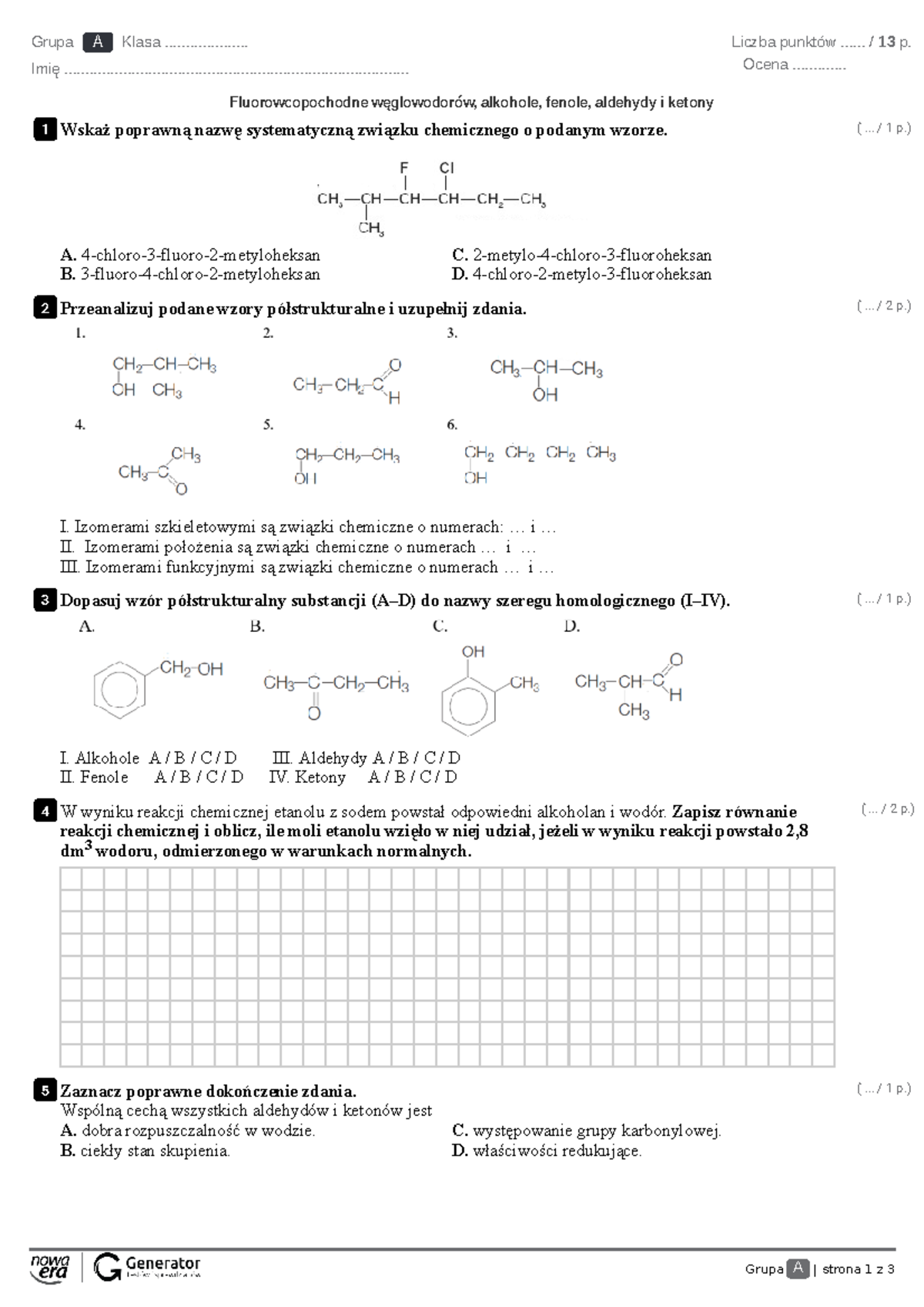 Fluorowcopochodne, alkohole, fenole, aldehydy i ketony - Test z
