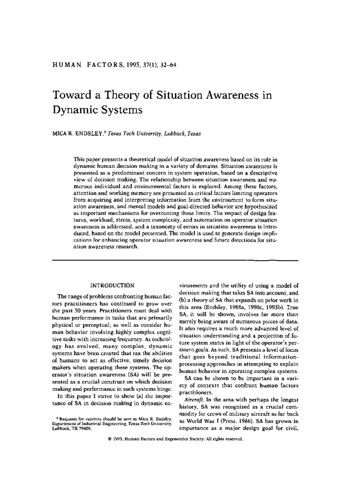 HUMAN FACTORS 1995: Theory of Situation Awareness in Dynamic Systems ...