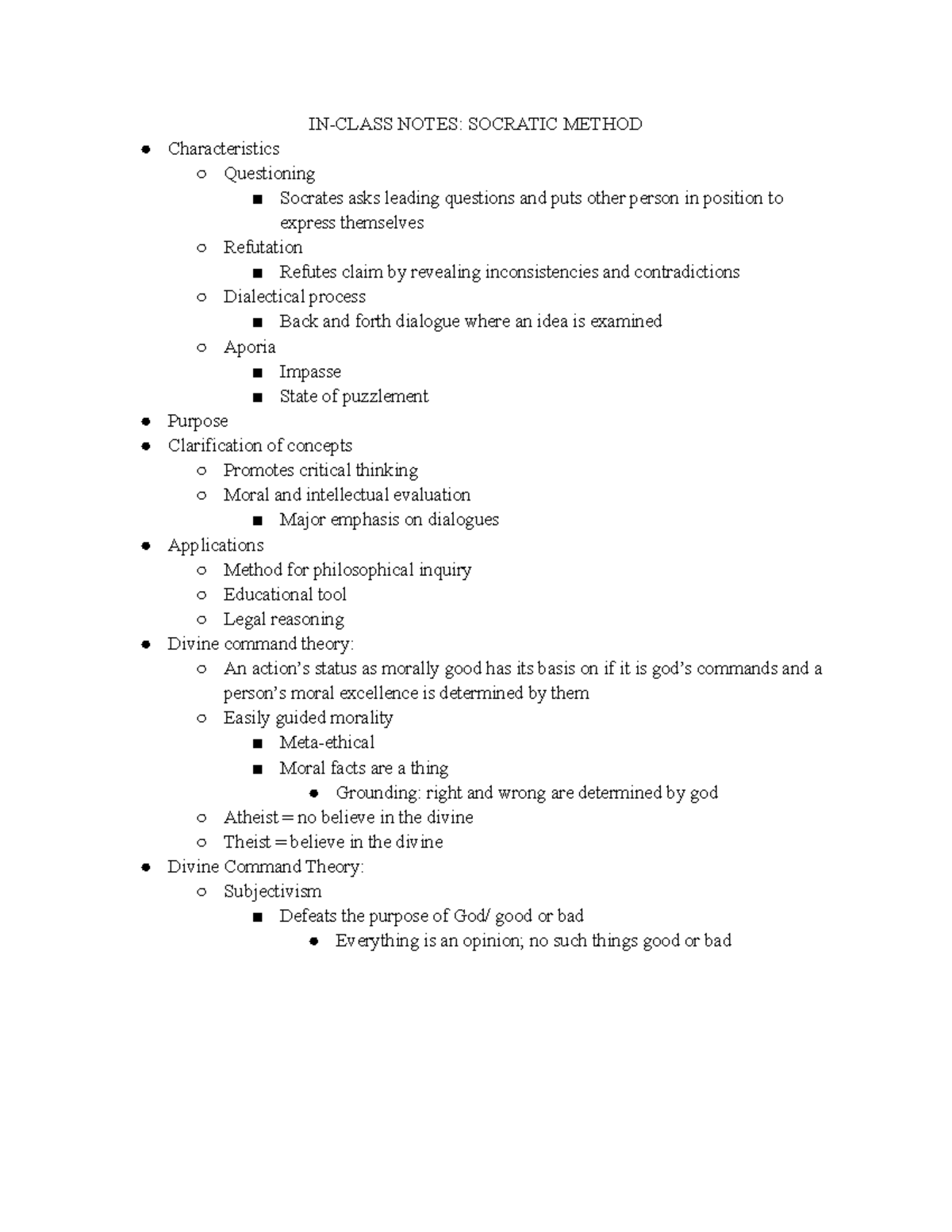 PHIL 2306 In-Class Notes: Socratic Method & Divine Command Theory - Studocu