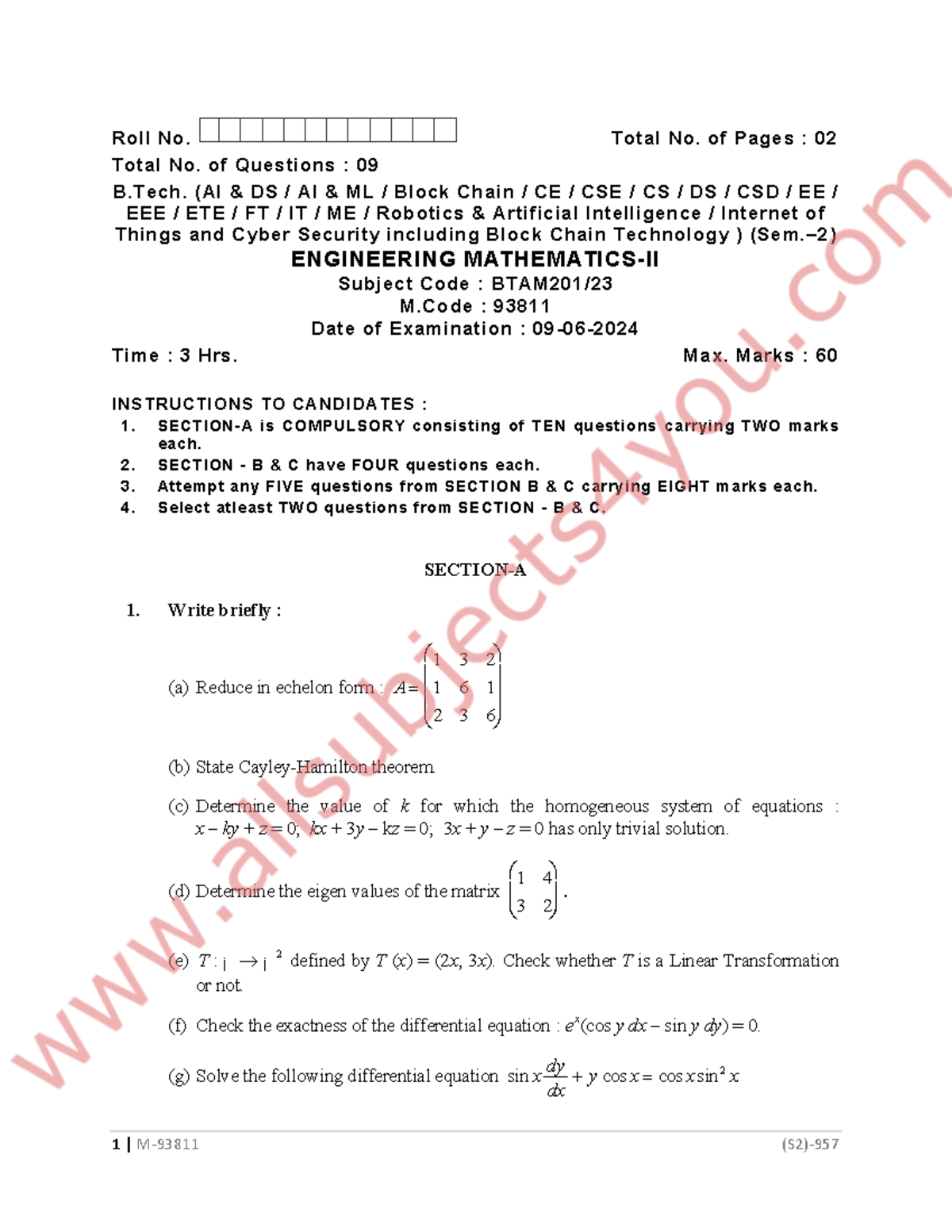 B.Tech. SEM 2 BTAM 201 23 Engineering Mathematics II Exam Paper - Studocu