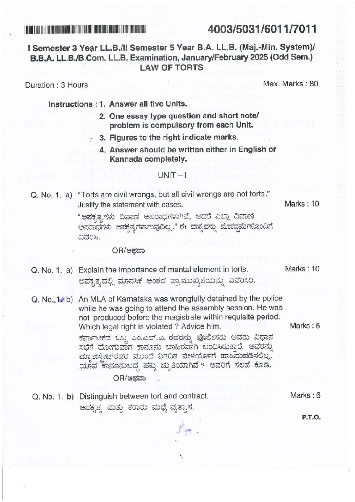 Law of Torts - Jan 2025 B.A. LL.B. Exam Question Paper - Studocu