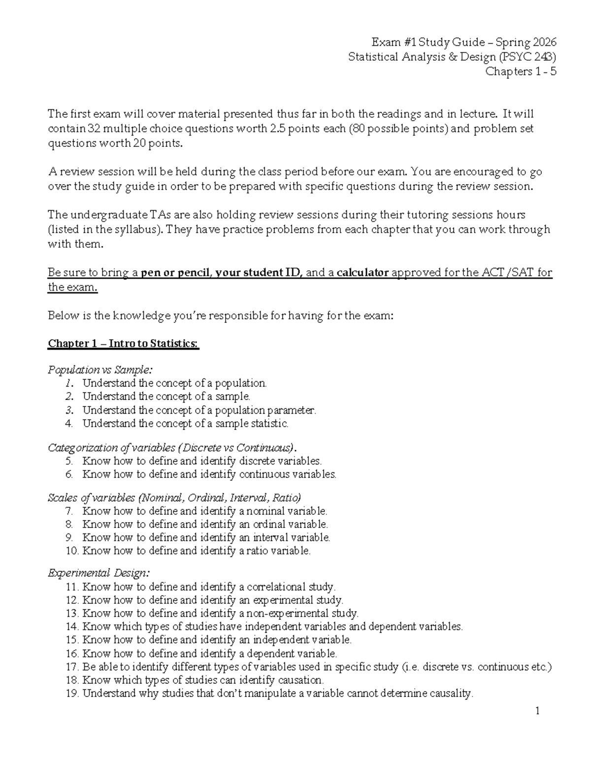 Stats Exam 1 Study Guide Spring 2026 (PSYC 243) Chapters 1-5 - Studocu