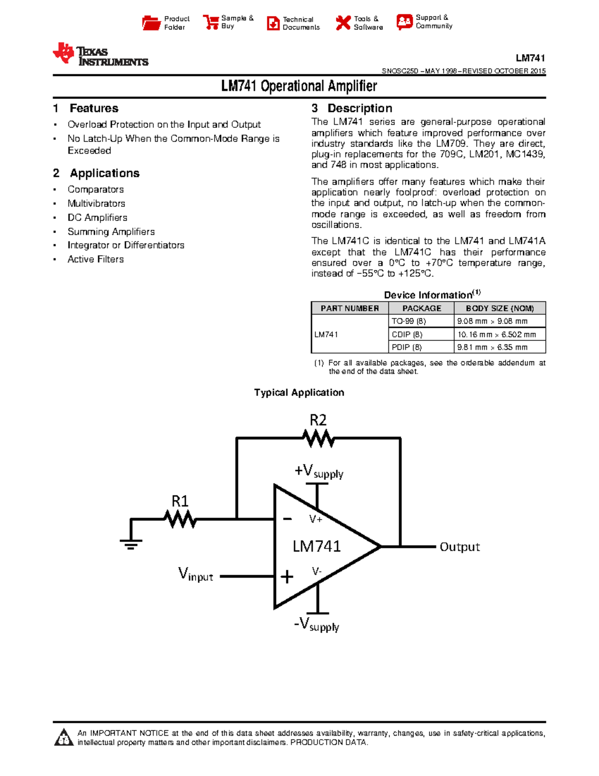 LM741 Operational Amplifier Technical Document SNOSC25D (MAY 1998, REV ...