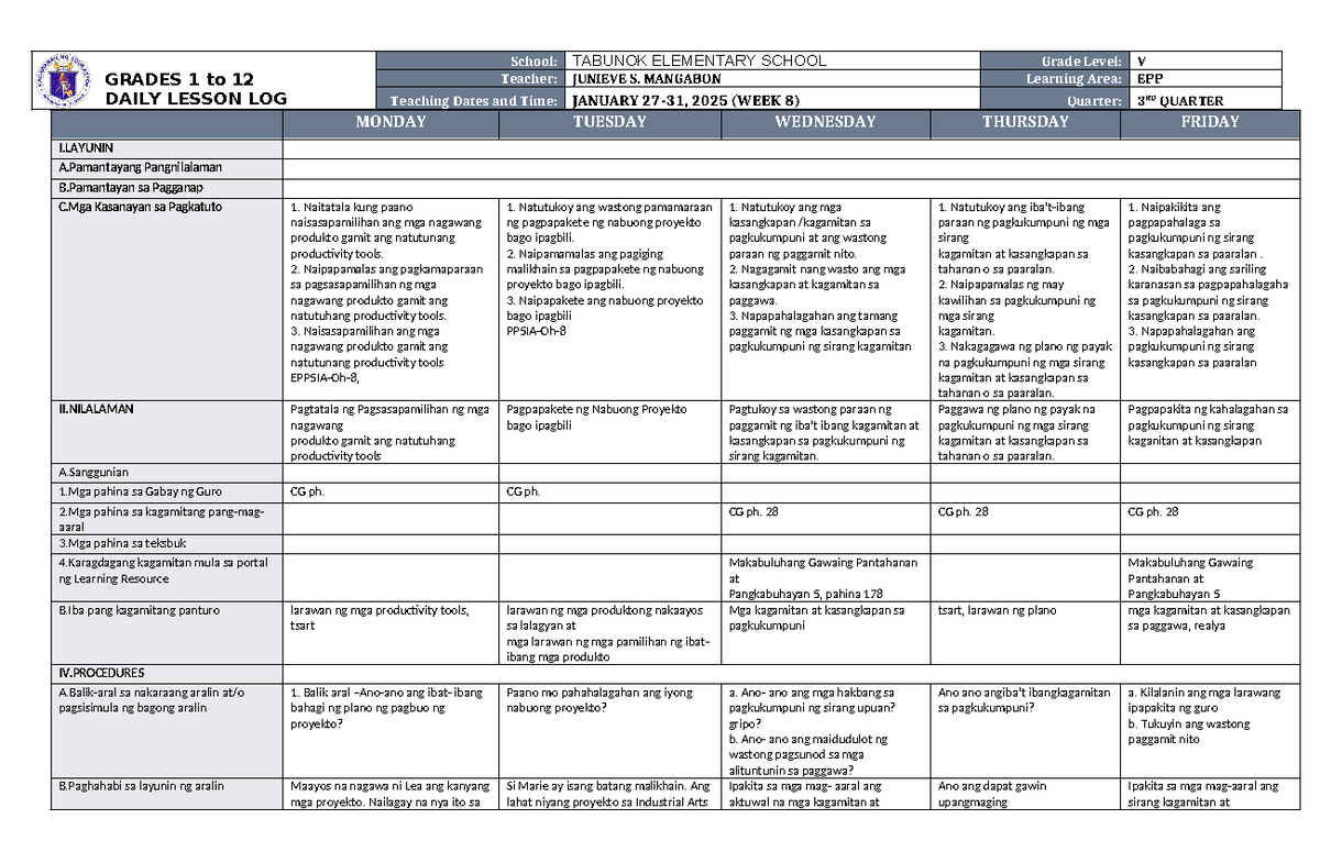 DLL EPP 5 Q3 W8 - NONE - GRADES 1 to 12 DAILY LESSON LOG School ...