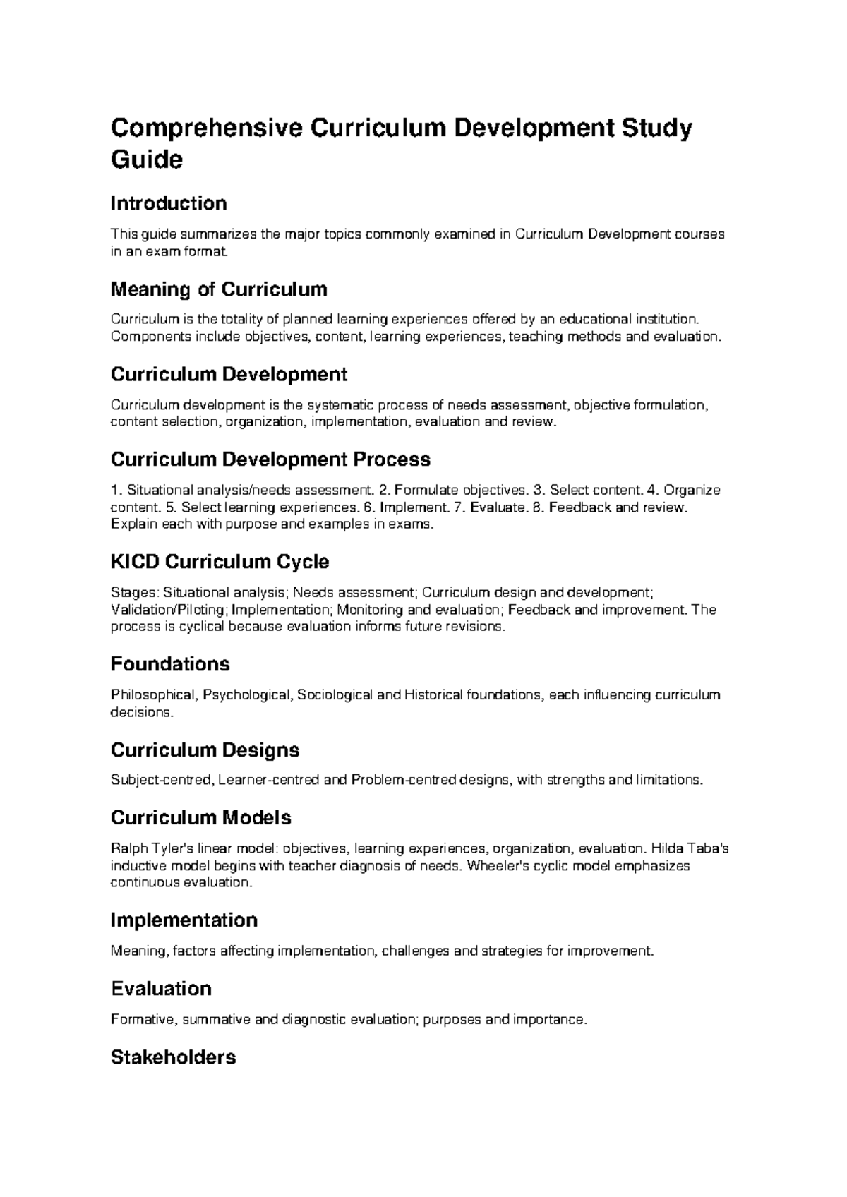 Comprehensive Curriculum Development Study Guide (EDU 101) - Studocu