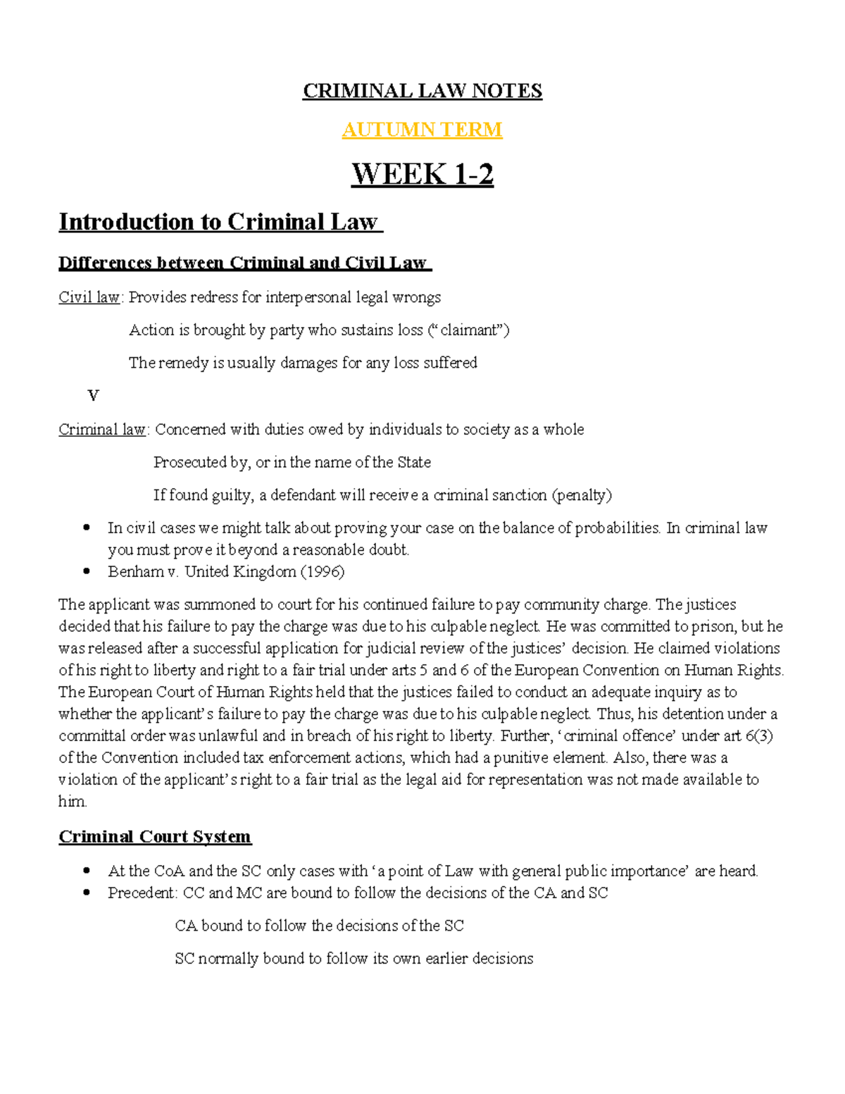 CRIMINAL LAW NOTES: AUTUMN TERM WEEK 1 - INTRODUCTION TO CRIMINAL LAW ...