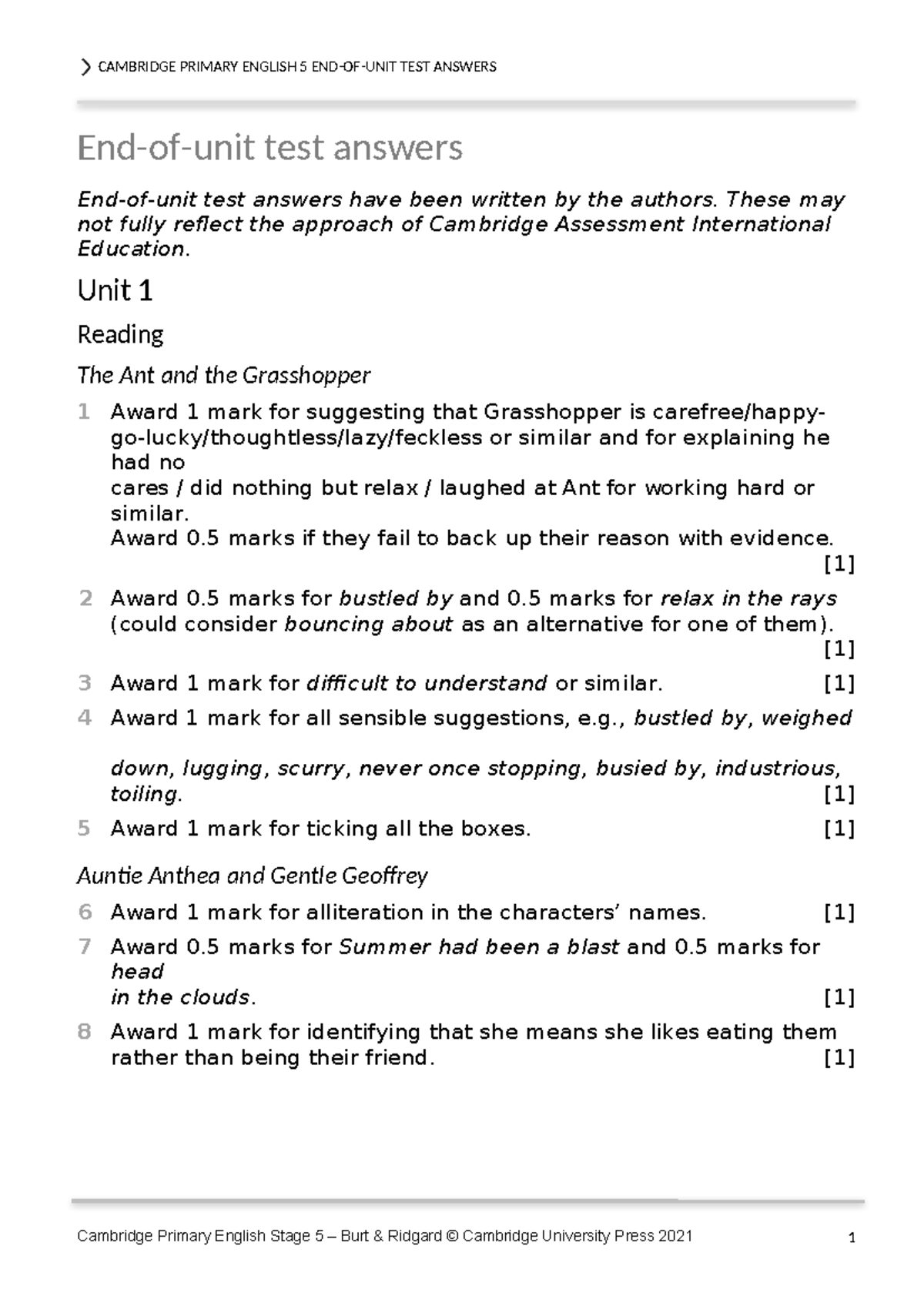 CAMBRIDGE PRIMARY ENGLISH 5 TEST ANSWERS - UNIT TEST RESPONSES - Studocu