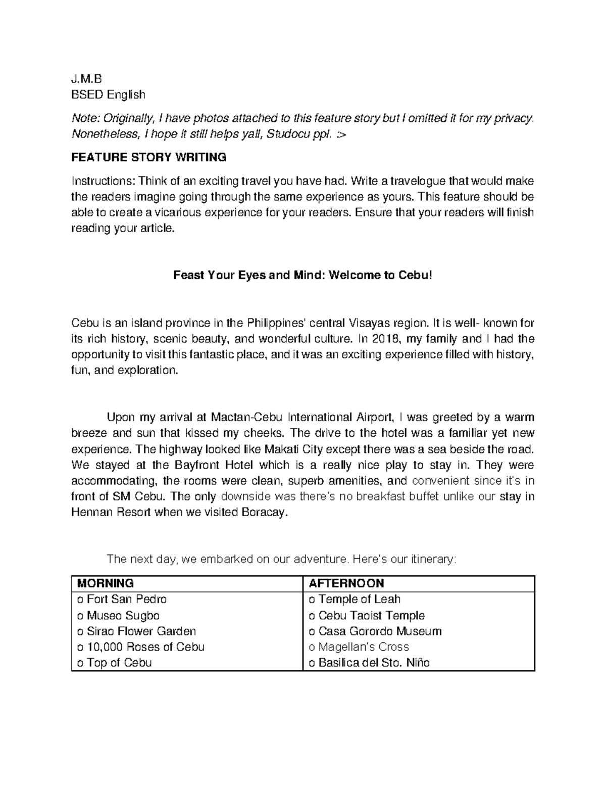 Feature Story Writing: An Exciting Travelogue to Cebu - BSED English ...