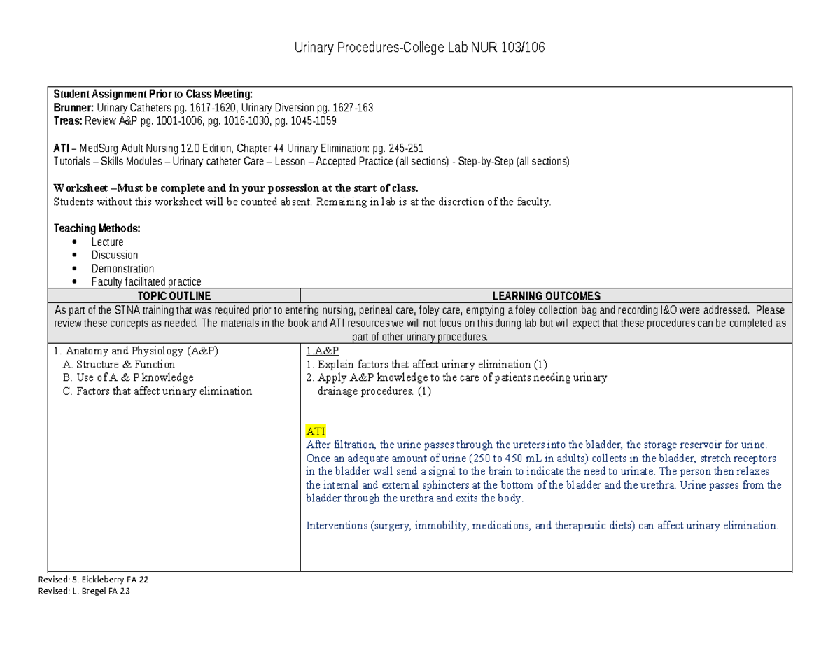 Lab 2 Urinary - note with ati and book - Student Assignment Prior to ...