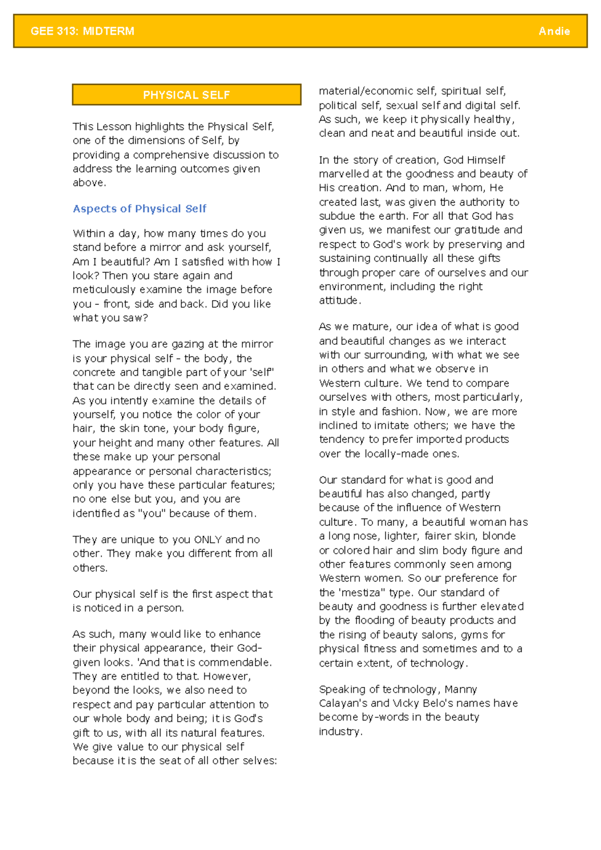 GEE 313: MIDTERM Insights on the Physical and Sexual Self - Studocu