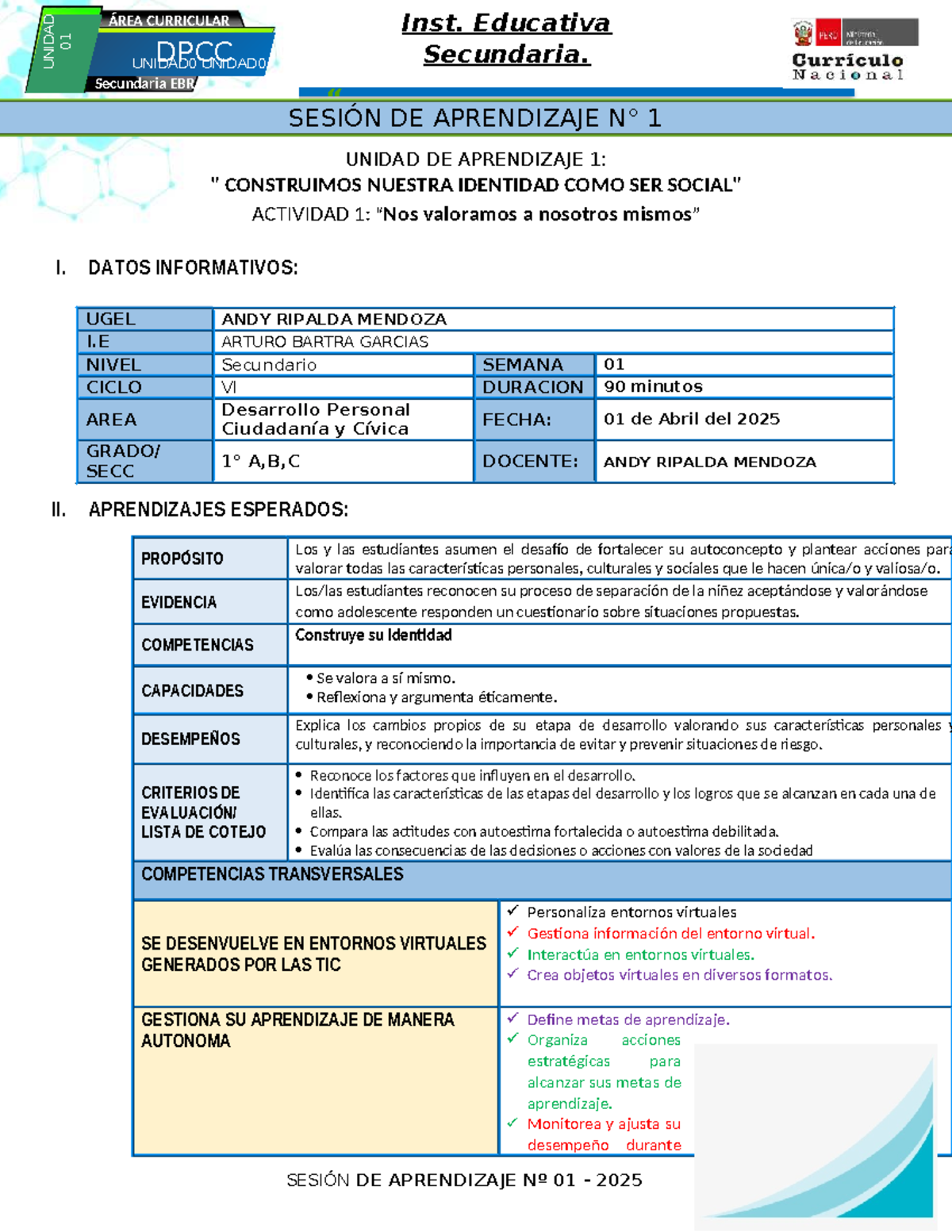 1º DPCC SESIÓN DE APRENDIZAJE 1: Construyendo Nuestra Identidad - Studocu