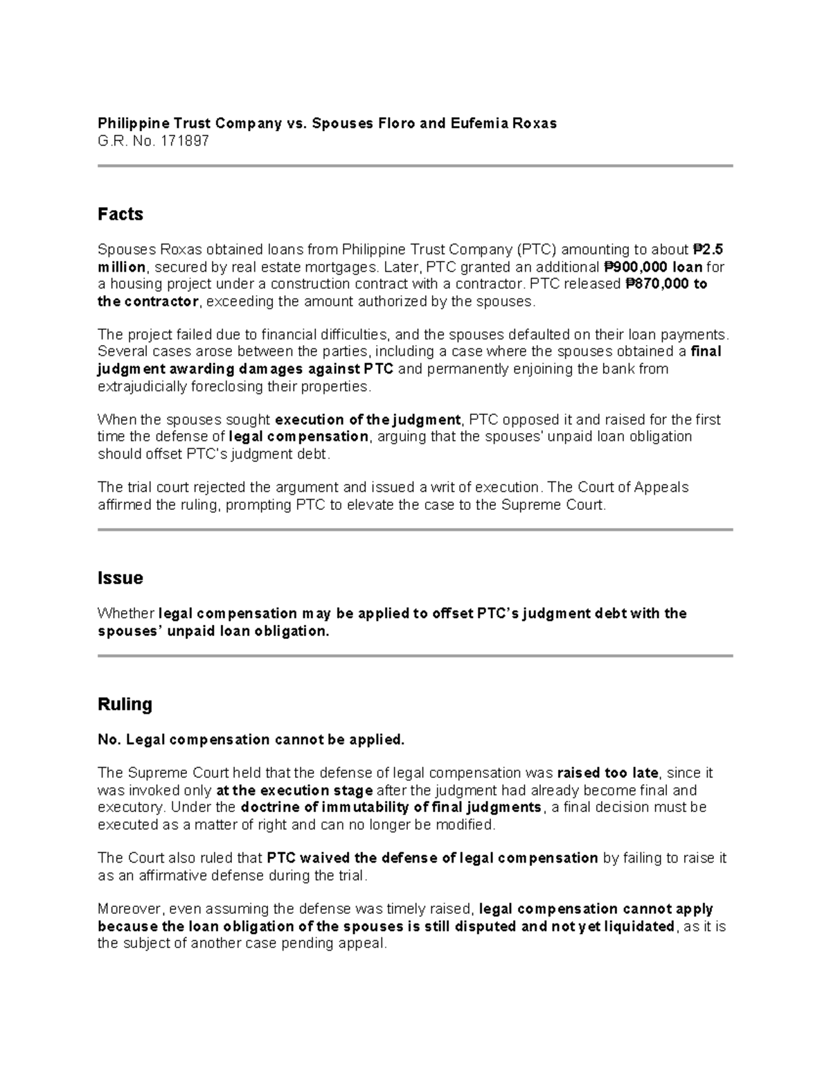 Philippine Trust Co. vs. Spouses Roxas, G.R. No. 171897 Case Analysis ...