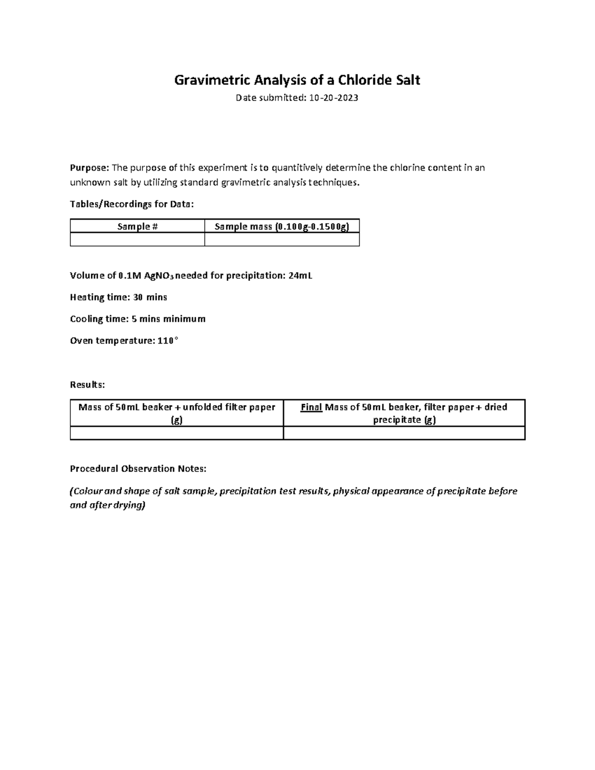 CHEM1101 G Pre-lab: Gravimetric Analysis of Chloride Salt - Studocu