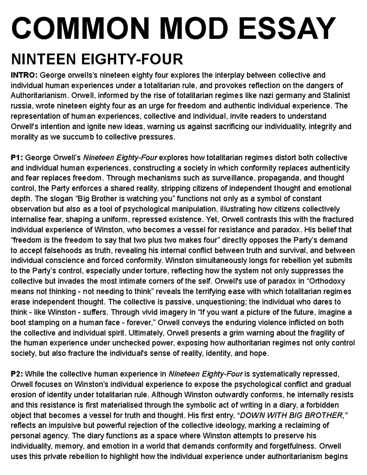 Common MOD Essay: Exploring Individual vs Collective in Orwell's 1984 ...