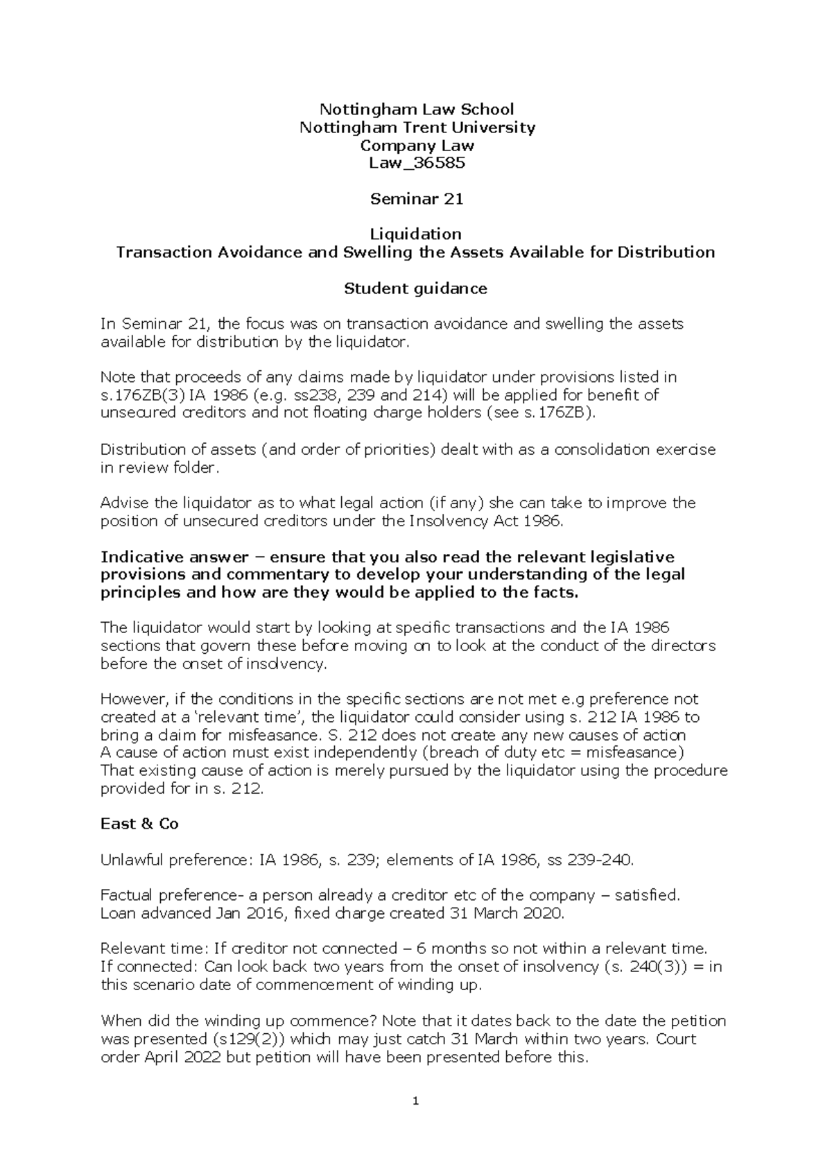 Seminar 21: Liquidation, Transaction Avoidance & Creditor Solutions ...