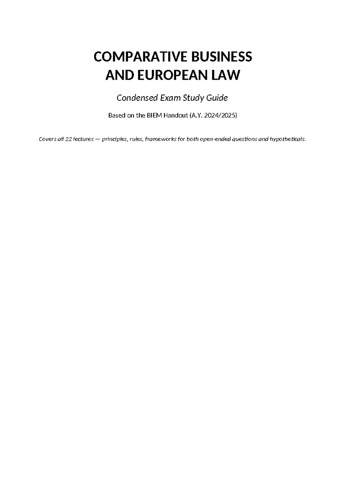 COMPARATIVE BUSINESS AND EUROPEAN LAW (BIEM) Final Exam Study Guide ...