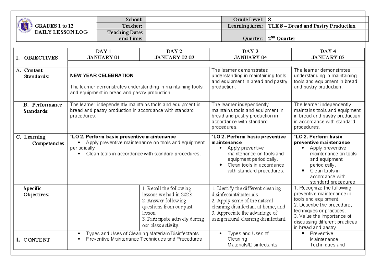 Preventive Maintenance Lesson Plan - TLE 8 - Bread & Pastry Production ...