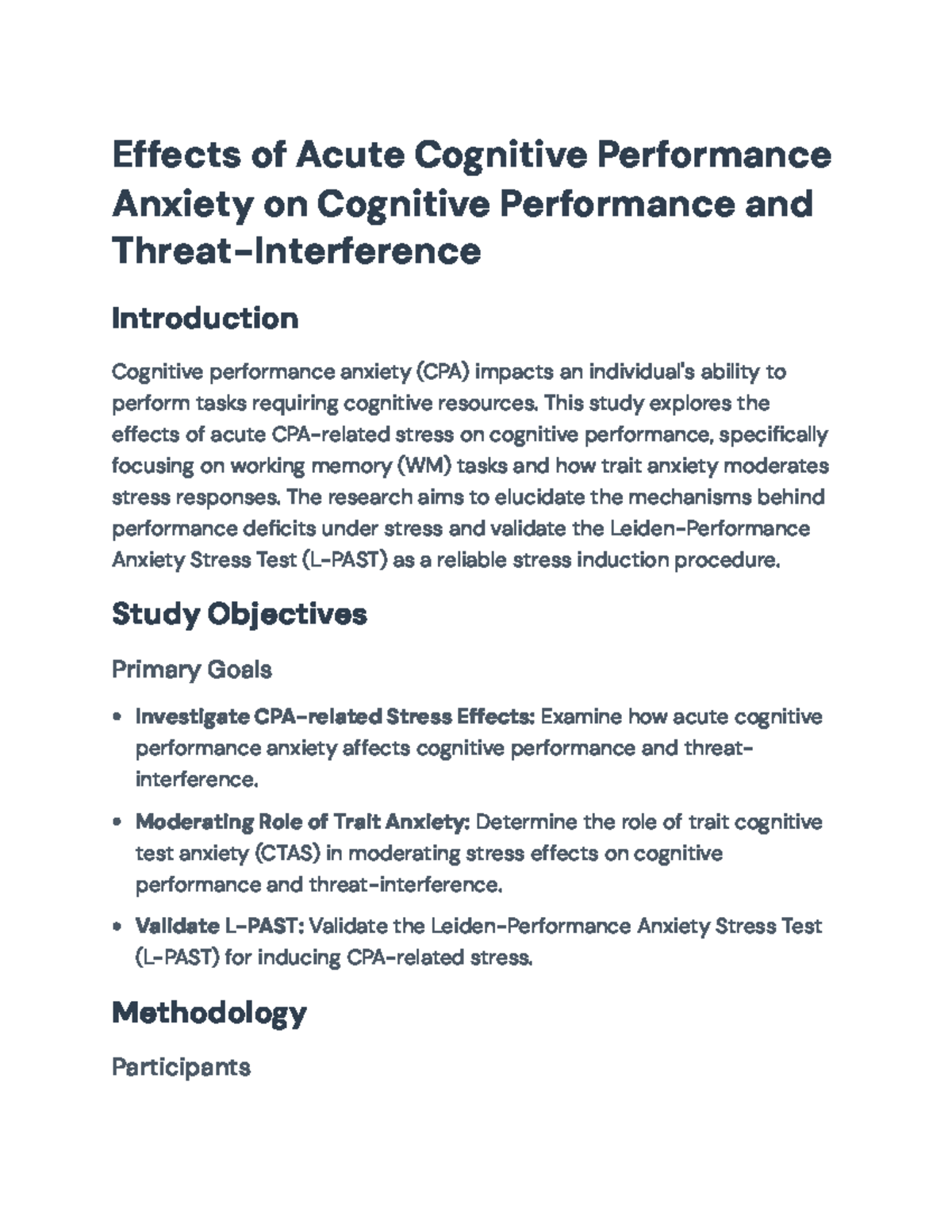 Effects of Acute Cognitive Performance Anxiety on Memory Tasks and ...