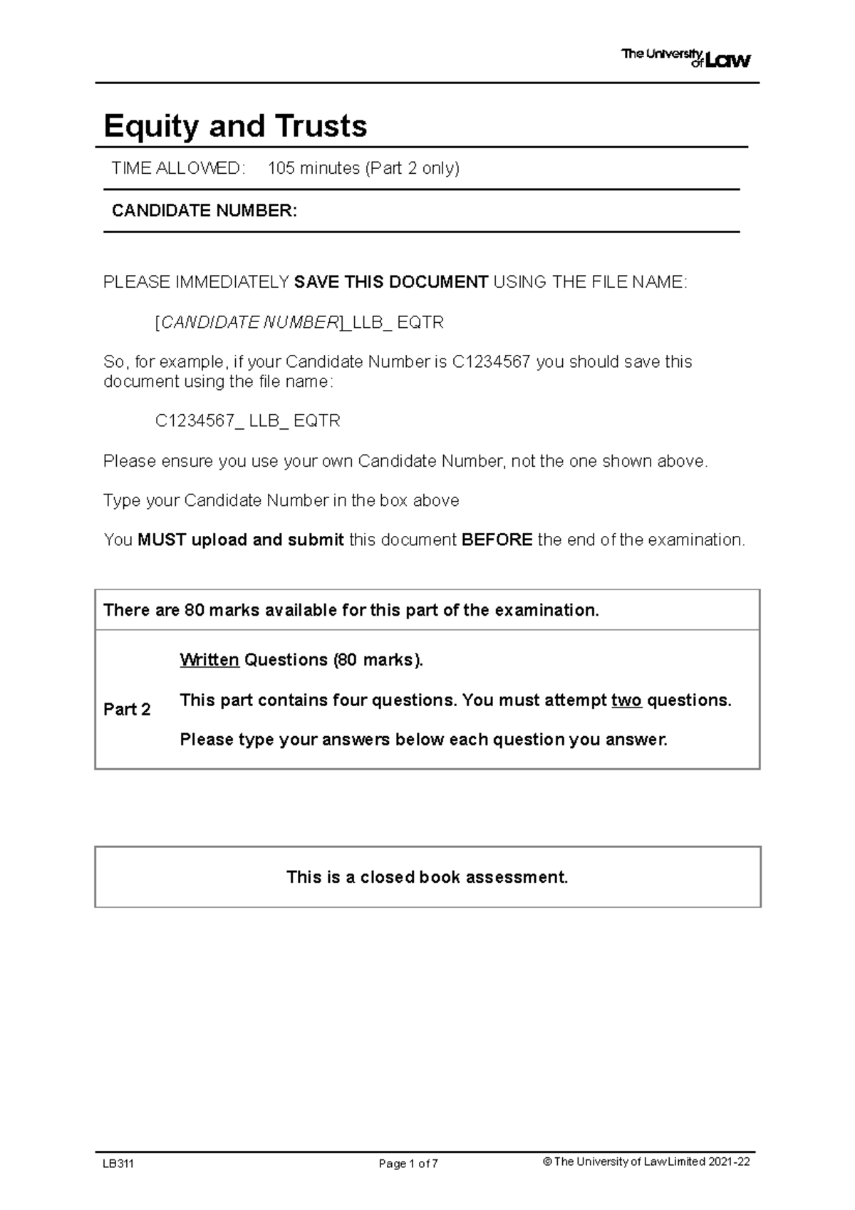 LB311 Online Assessment: Equity and Trusts Part 2 Instructions - Studocu