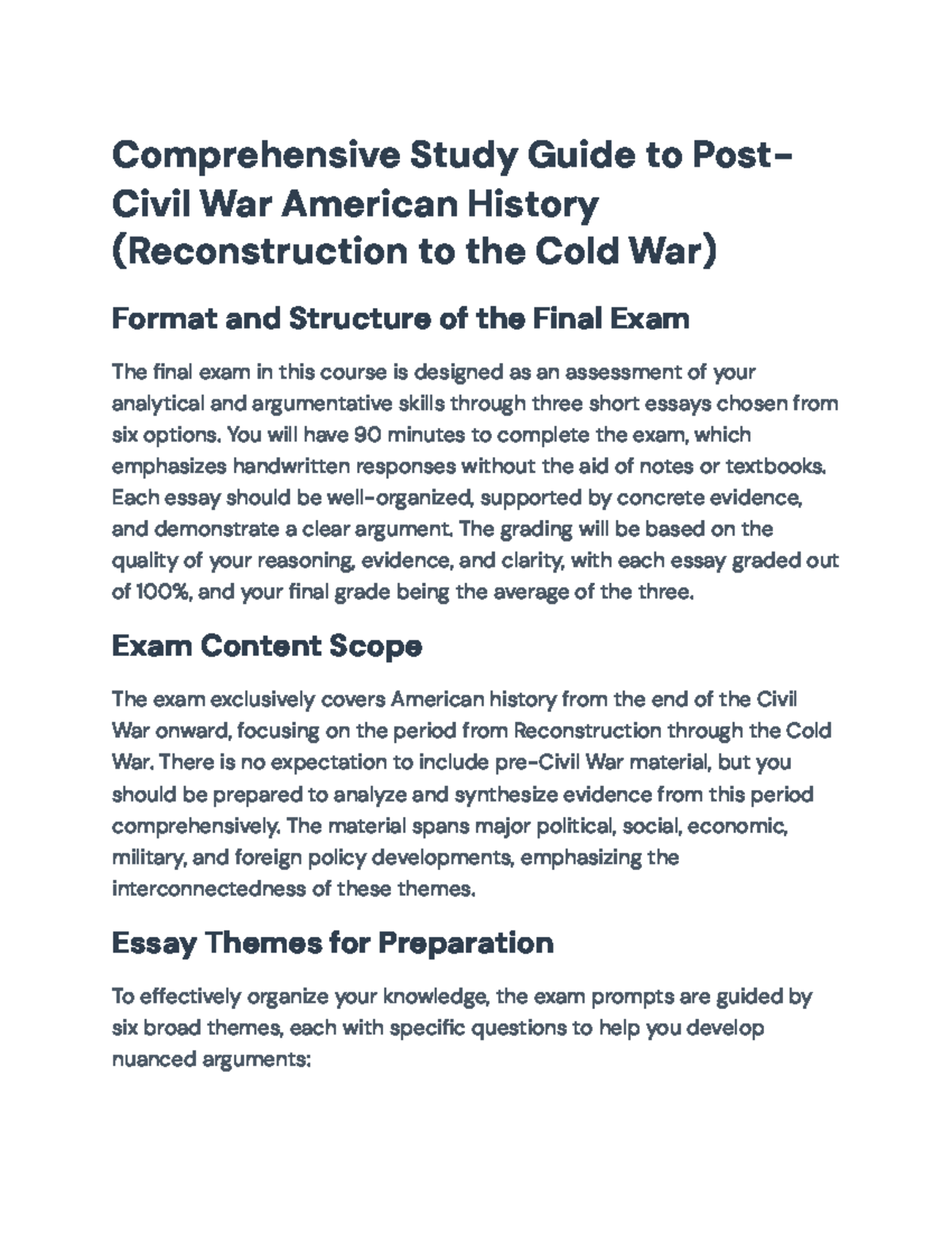 Comprehensive Study Guide for HIST 101: Final Exam Prep (Post-Civil War ...