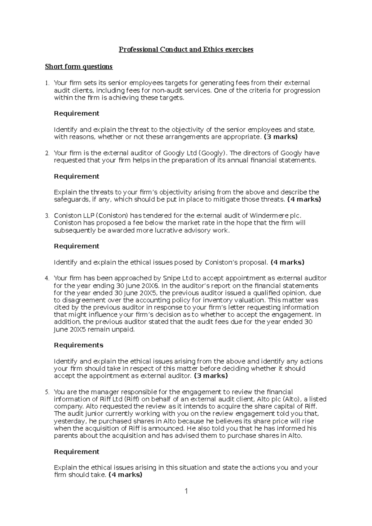 Professional Ethics exercises - Professional Conduct and Ethics ...