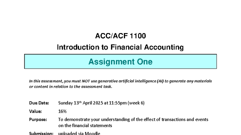ACC1100 Introduction to Financial Accounting Assignment 1 Guide - Studocu