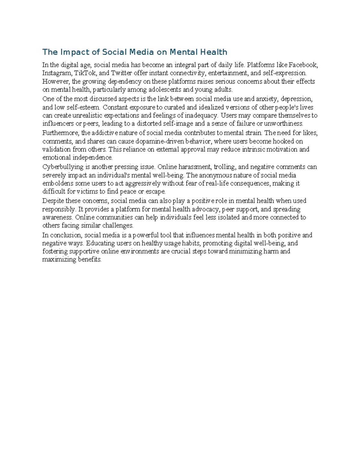 The Impact of Social Media on Mental Health: An Essay (ENG 101) - Studocu