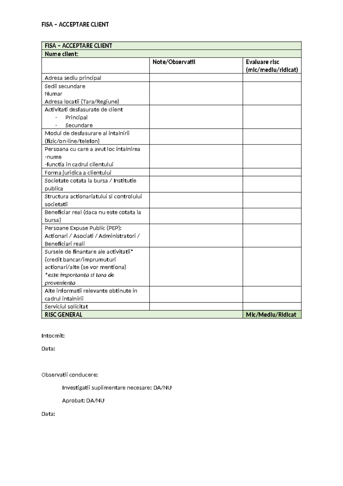 FISA - Acceptare Client și Evaluare Risc (mic/mediu/ridicat) - Studocu