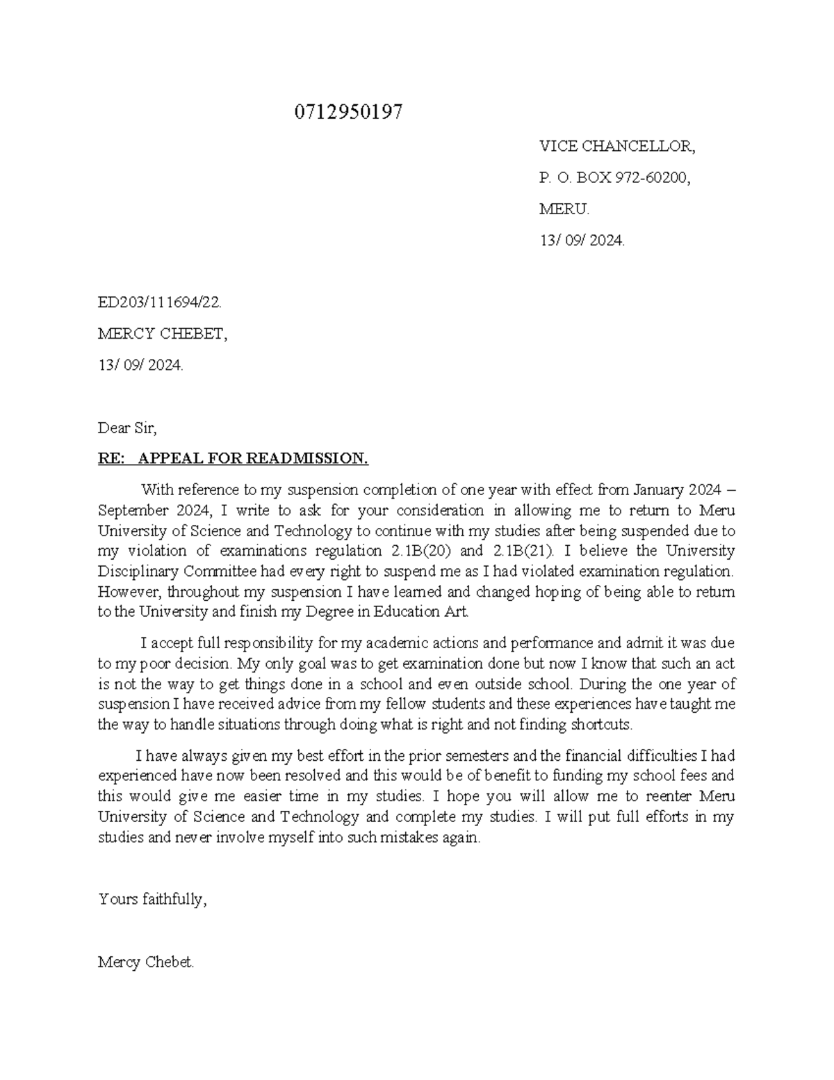 ED203 Readmission Appeal Letter from Mercy Chebet - Studocu