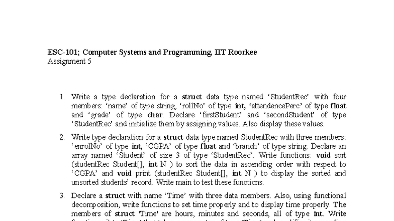 IIT Roorkee CS & Programming Assignment 5: Structs & Functions - Studocu