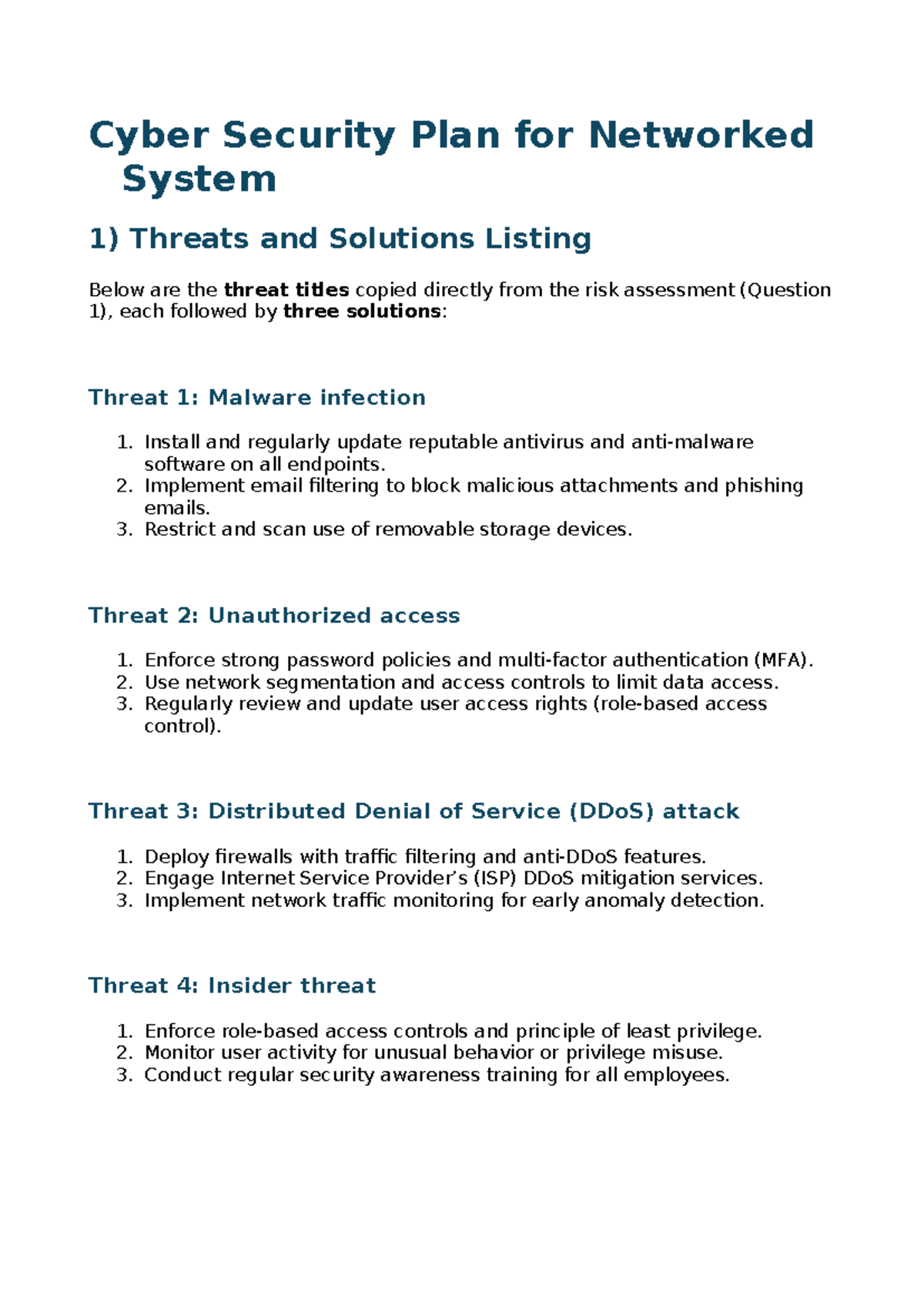 Cyber Security Plan for Networked Systems: Threats & Solutions - Studocu
