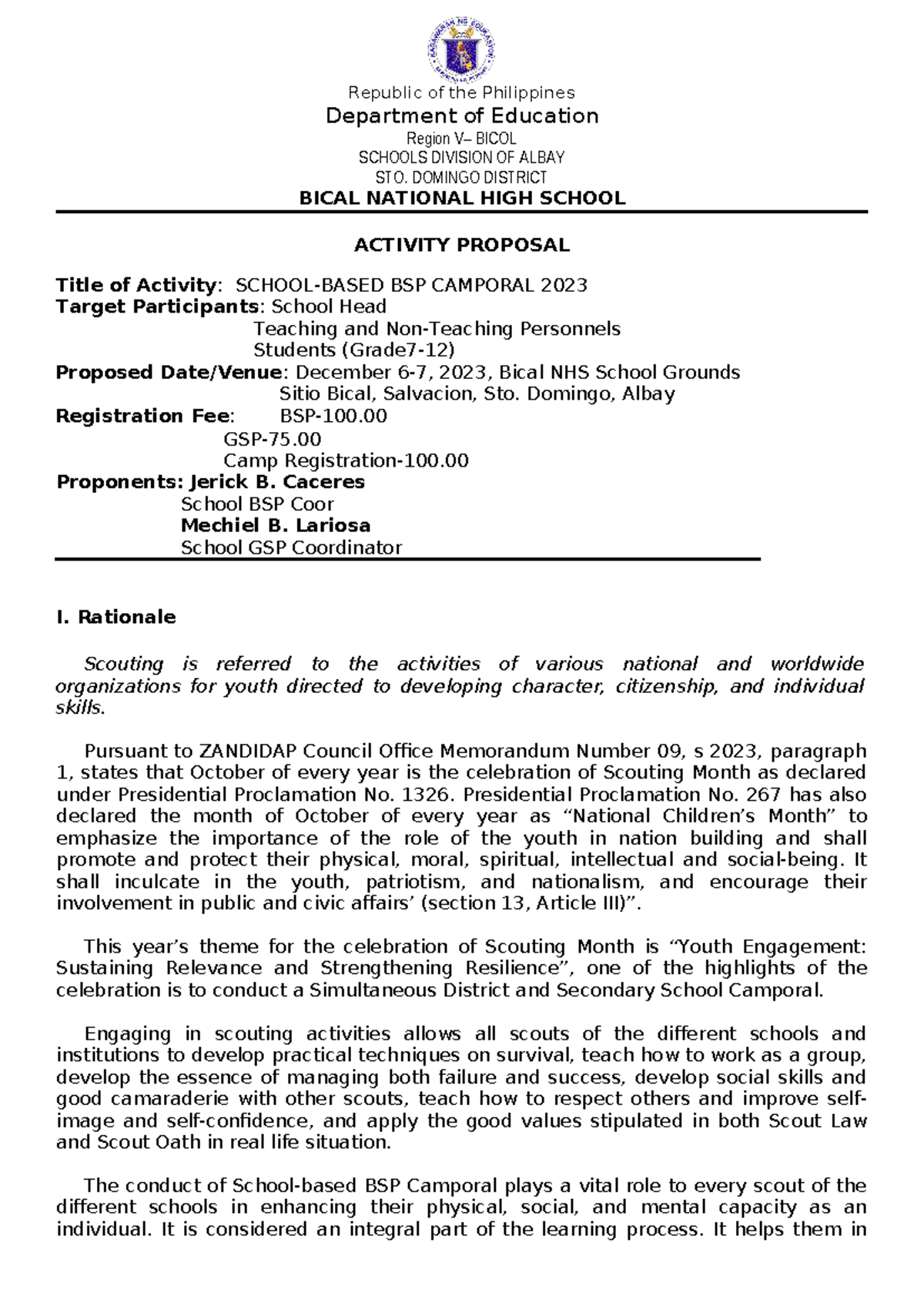 BSP Camporal 2023 Activity Proposal for Bical NHS Students - Studocu