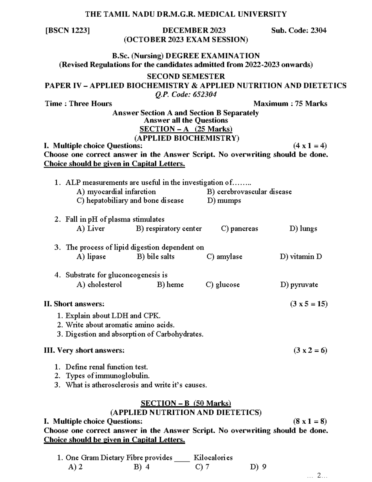 B.Sc. Nursing 2304 - Applied Biochemistry & Nutrition Exam Papers - Document Preview