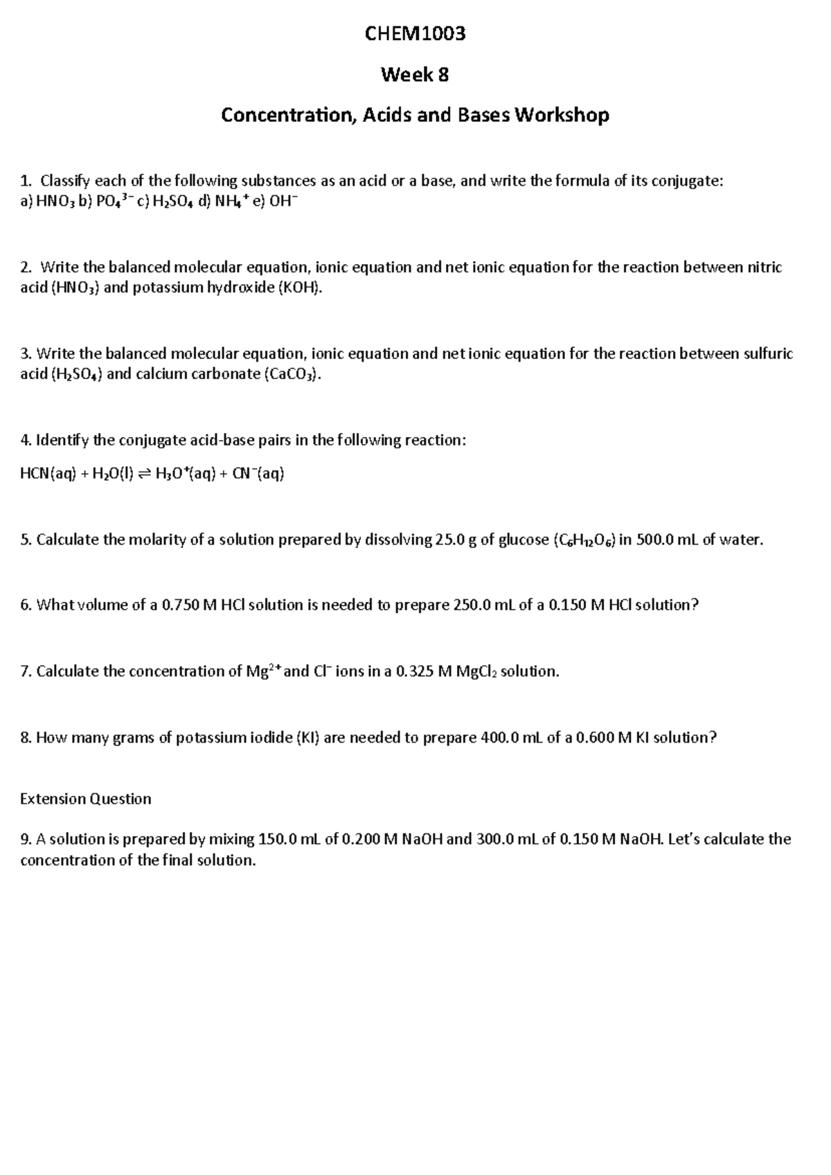 CHEM1003 Week 8 Acids, Bases & Conjugate Pairs Workshop - Studocu