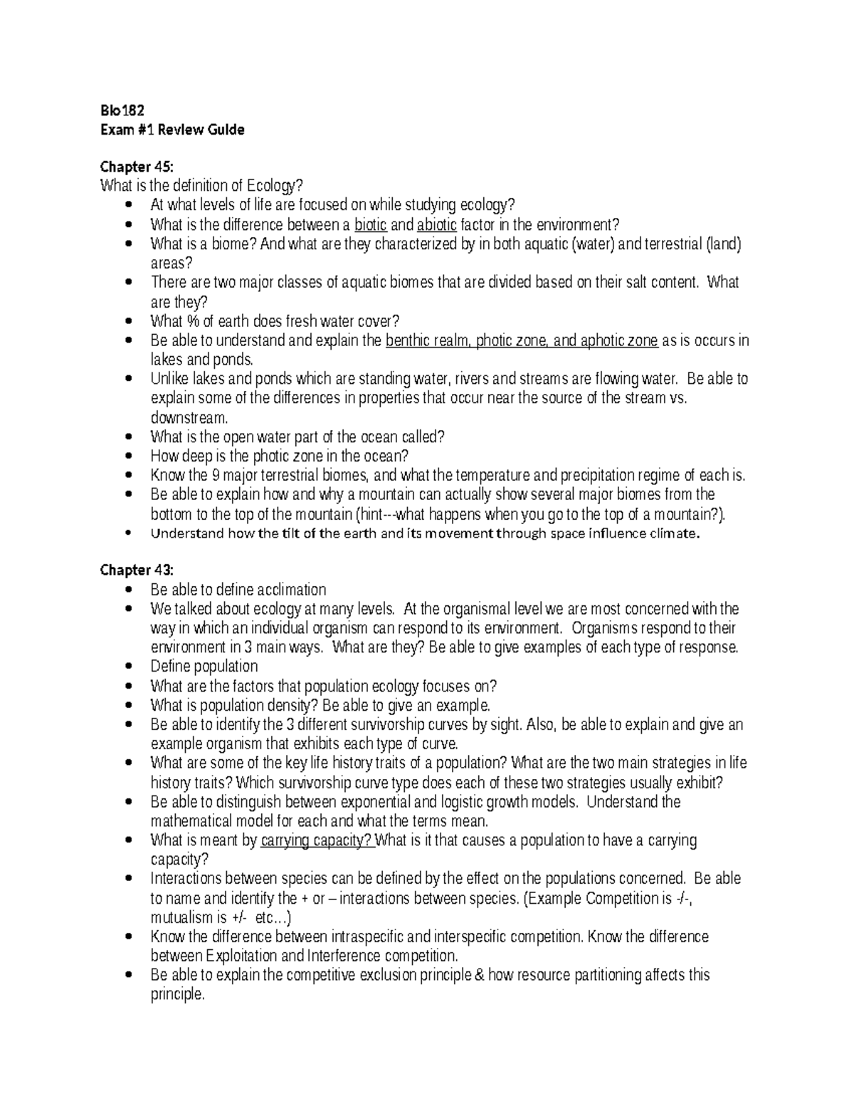 Bio182 Exam #1 Review Guide: Key Concepts in Ecology and Biogeography ...
