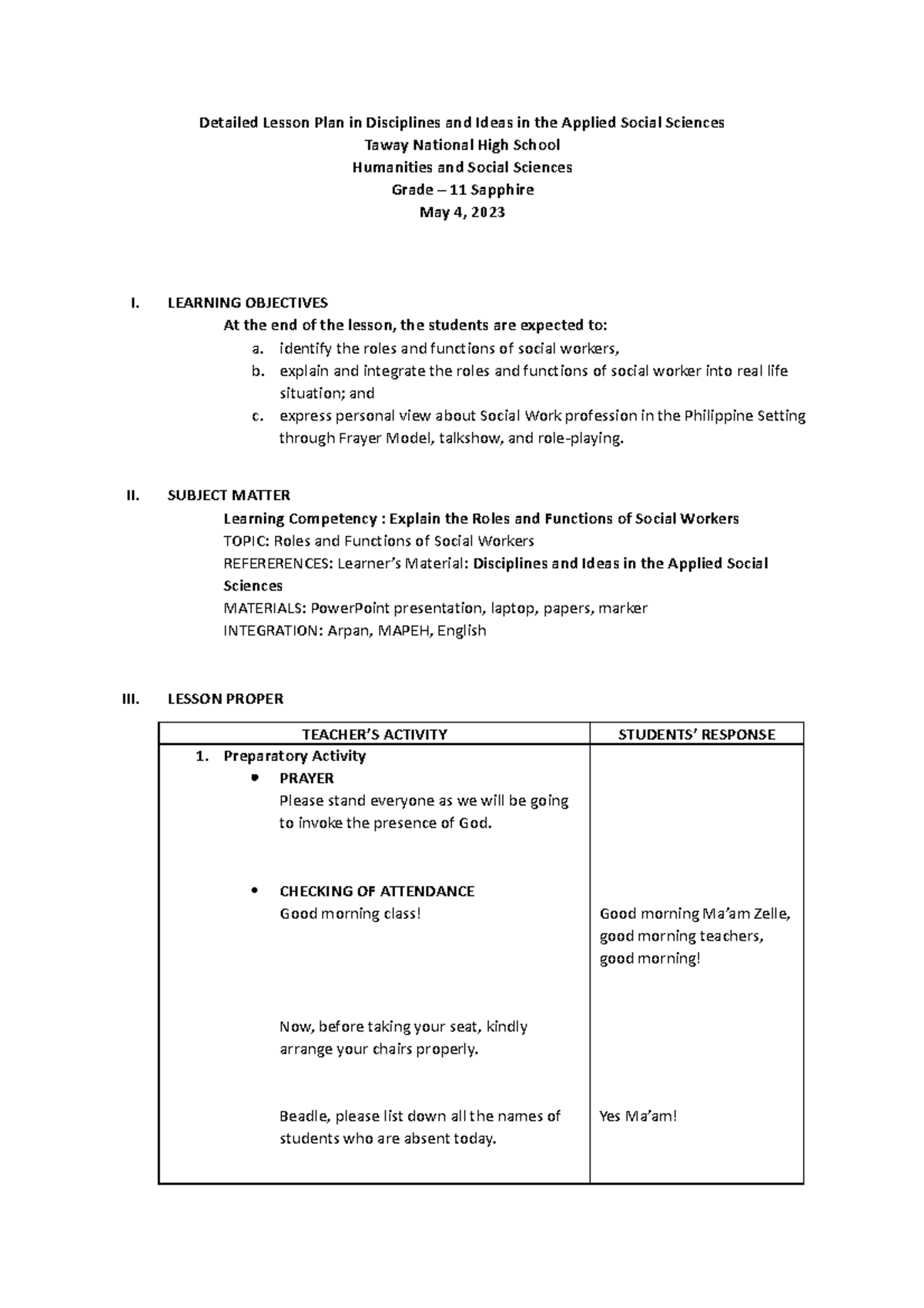 DLP Final Lesson Plan: Roles & Functions of Social Workers for HSS 11 ...