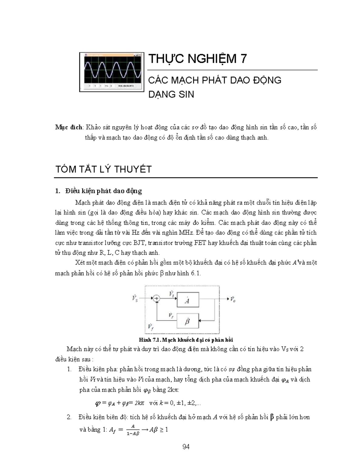 Thực nghiệm 7: Các mạch phát dao động dạng sin trong điện tử - Studocu