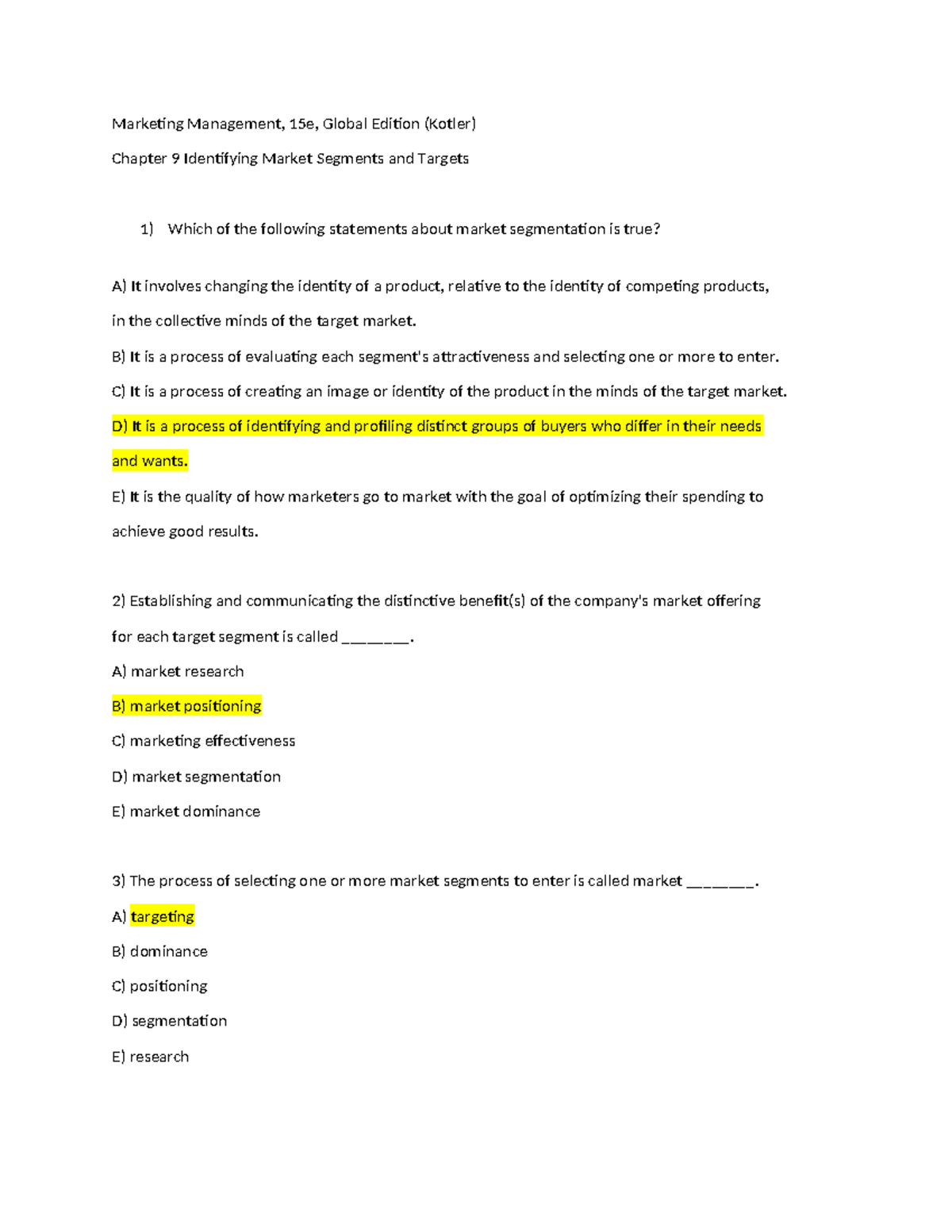Marketing Management (Chapter 9) Test Bank: Market Segmentation ...