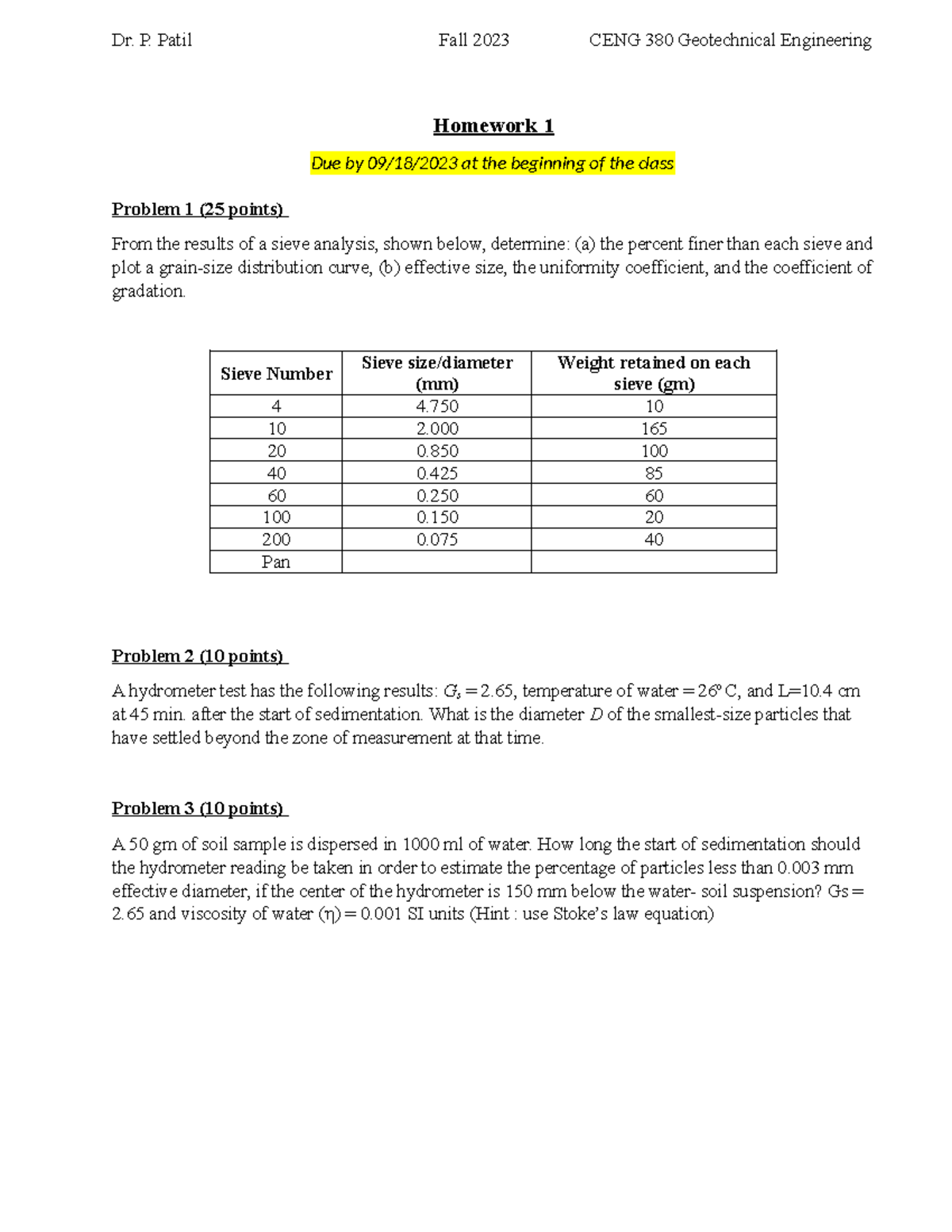 CENG 380 Geotechnical Engineering Fall 2023 Homework 1 Analysis - Studocu