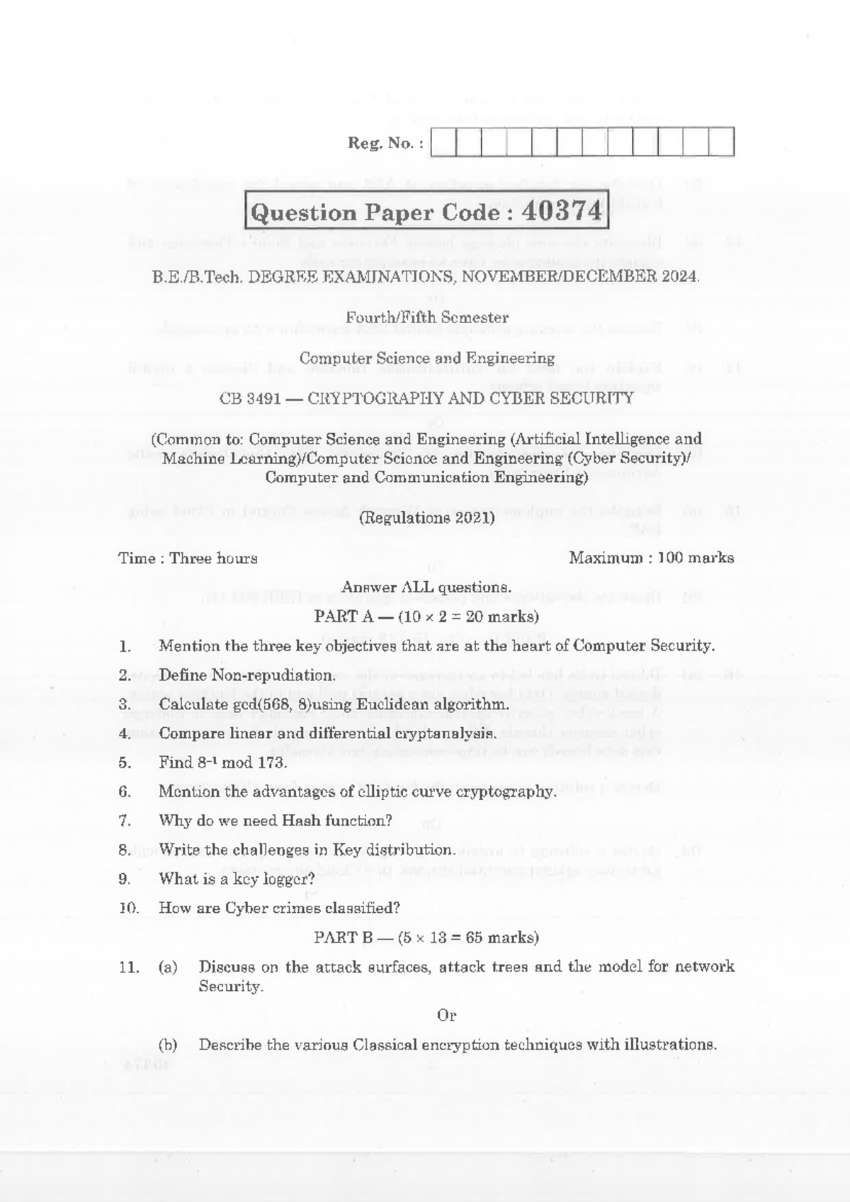 QP-CB3491-2024: Cryptography & Cyber Security Exam Paper - Studocu